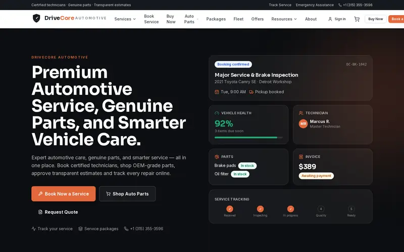 Homepage of DriveCore Automotive